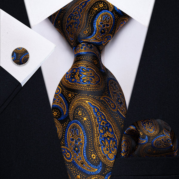YourTies Golden Blue Black Paisley Men's Necktie Pocket Square Cufflinks Set