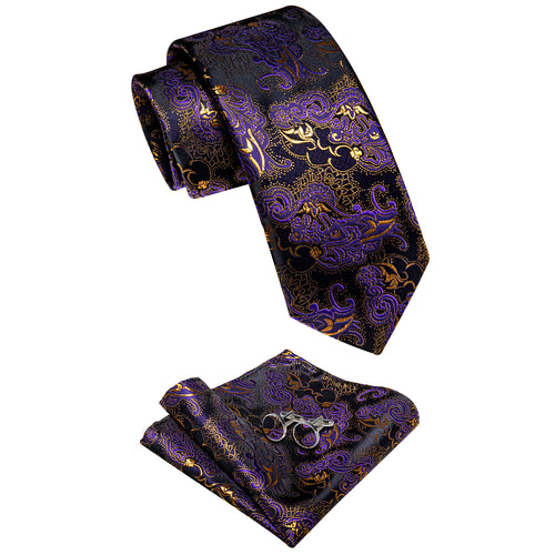 Purple Gold Black Novelty Men's Necktie Pocket Square Cufflinks Set