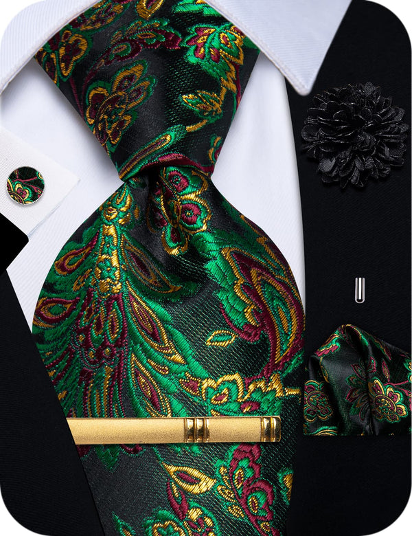  Dark Green Tie Maroon Yellow Jacquard Necktie for Party Prom