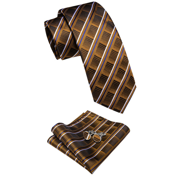 Brown Blue White Striped Men's Necktie Pocket Square Cufflinks Set