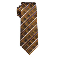 Brown Blue White Striped Men's Necktie Pocket Square Cufflinks Set