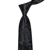 Black Floral Leaf Men's Necktie Pocket Square Cufflinks Set