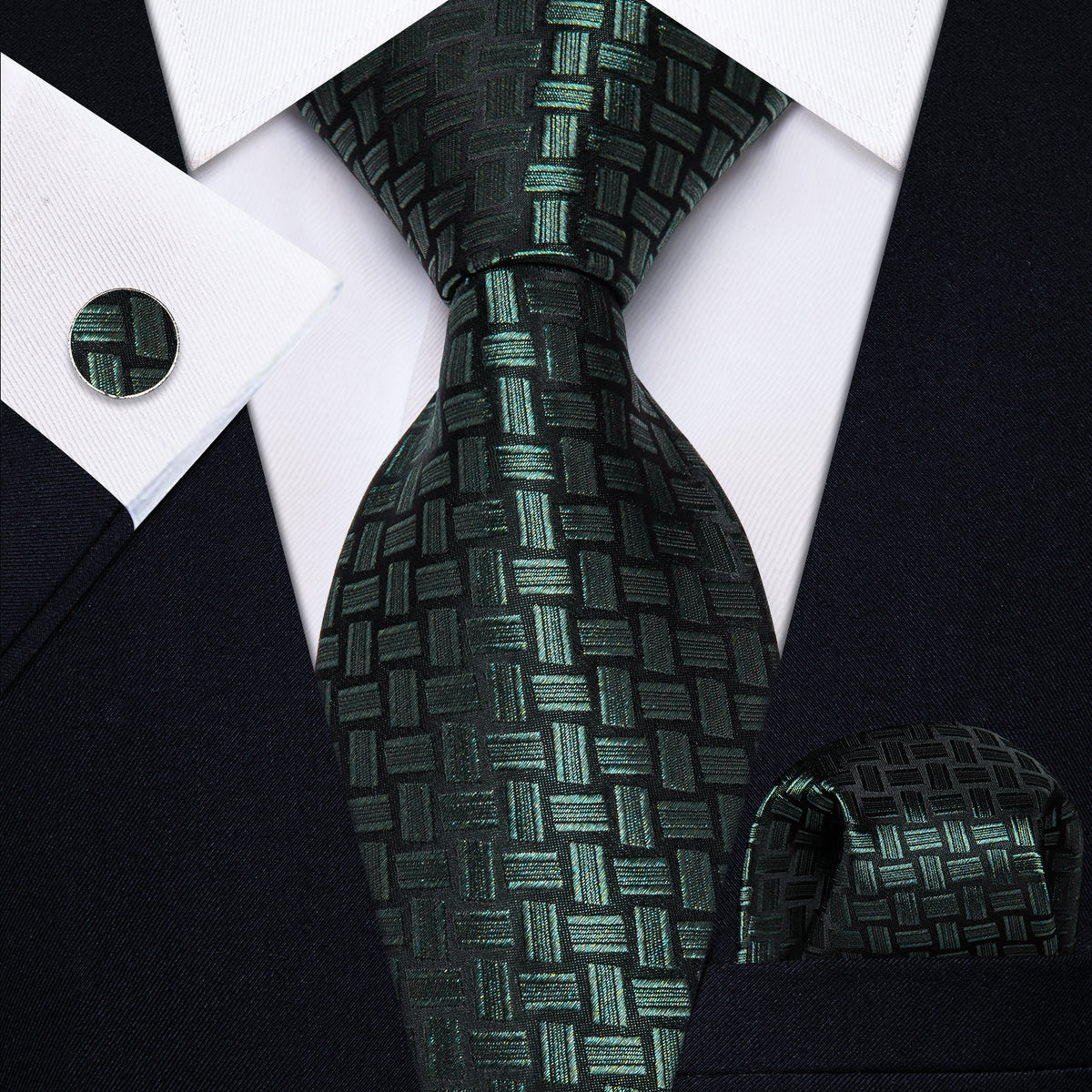 Green Black Novelty Rectangle Men's Necktie Pocket Square Cufflinks Set