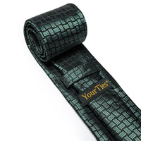 Green Black Novelty Rectangle Men's Necktie Pocket Square Cufflinks Set