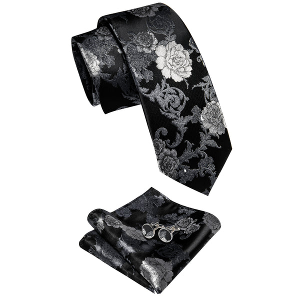 Black White Grey Floral Men's Necktie Pocket Square Cufflinks Set
