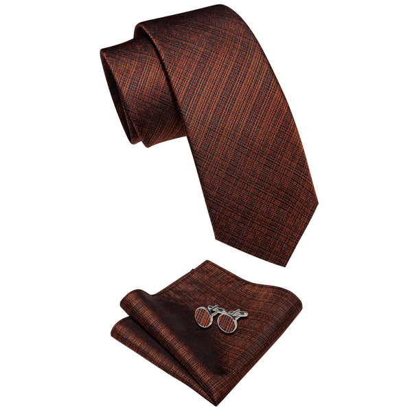 Dark Orange Black Striped Men's Necktie Pocket Square Cufflinks Set