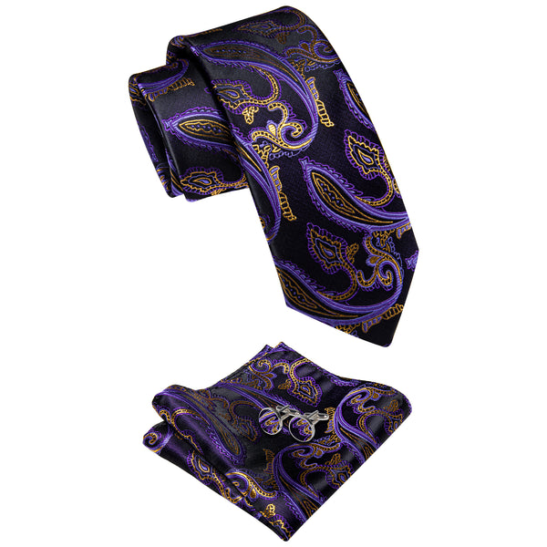 Purple Gold Paisley Men's Wedding Necktie Pocket Square Cufflinks Set