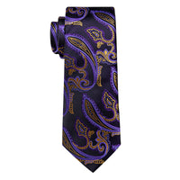 Purple Gold Paisley Men's Necktie Pocket Square Cufflinks Set