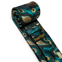 Blue Green Yellow Paisley Feather Men's Necktie Pocket Square Cufflinks Set