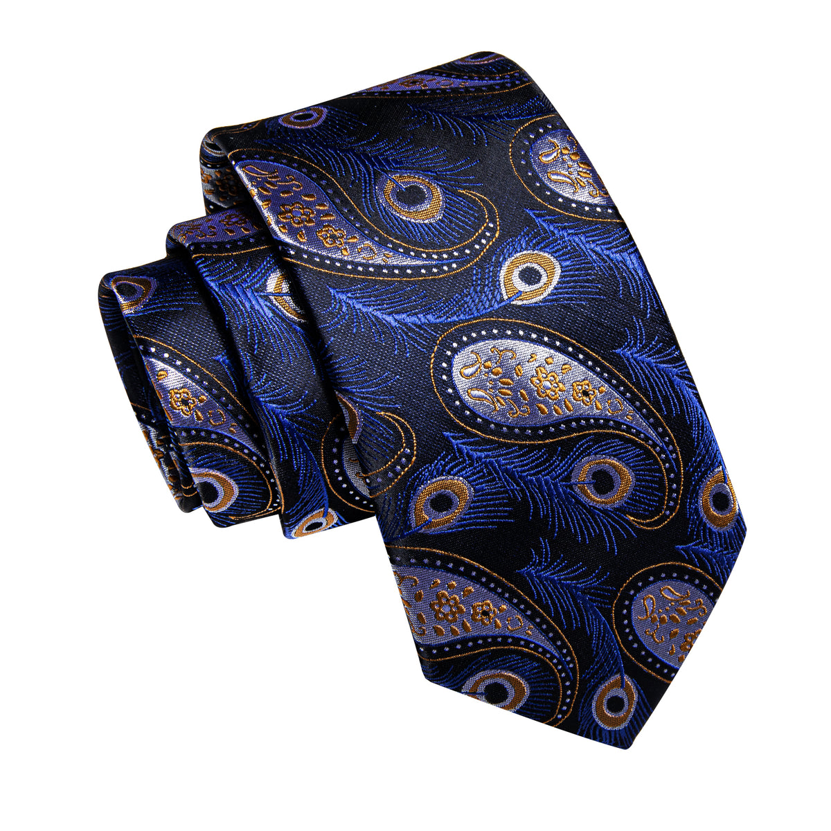 Blue Yellow Paisley Feather Men's Necktie Pocket Square Cufflinks Set