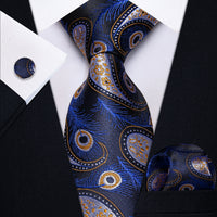 Blue Yellow Paisley Feather Men's Necktie Pocket Square Cufflinks Set