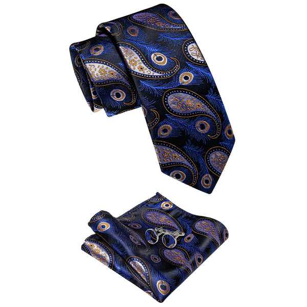 YourTies Blue Yellow Paisley Feather Men's Necktie Pocket Square Cufflinks Set