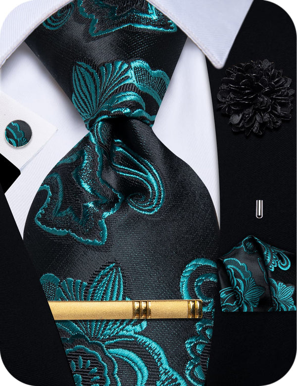  Black Tie for Men Teal Jacquard Floral New Formal Necktie Set