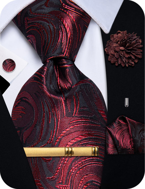  Red Tie for Men Black Burgundy Jacquard Formal Necktie Set