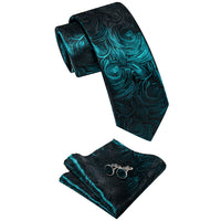 Blue Green Novelty Men's Necktie Pocket Square Cufflinks Set