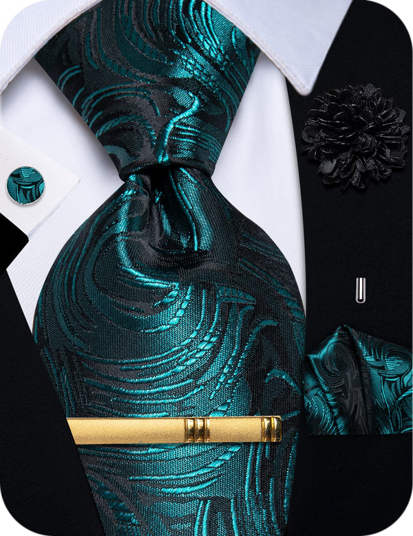 Teal Tie for Men Black Blue Green Jacquard Formal Necktie Set