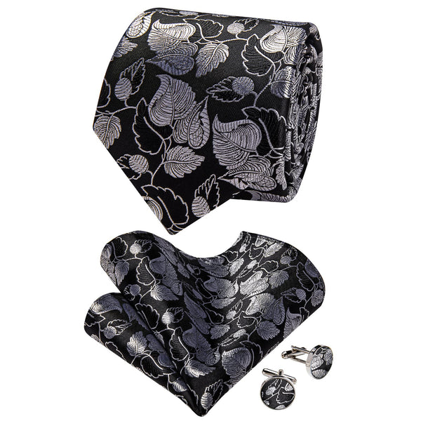  Black Tie for Men Silver Leaves Jacquard Floral Necktie Set
