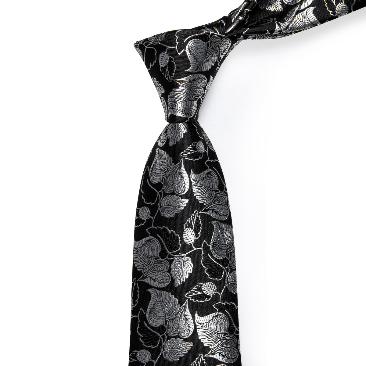 Black Silver Floral Leaf Men's Necktie Pocket Square Cufflinks Set