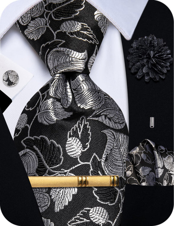  Black Tie for Men Silver Leaves Jacquard Floral Necktie Set