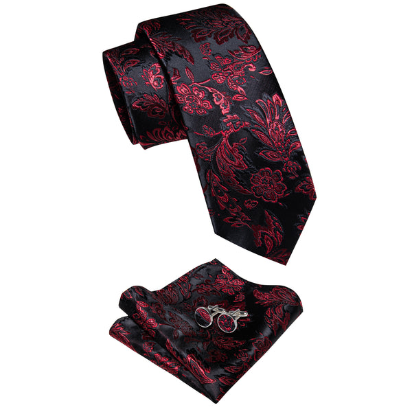 Black Red Floral Men's Necktie Pocket Square Cufflinks Set