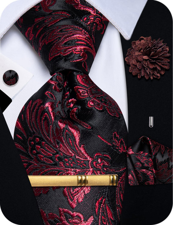  Men's Red Floral Tie Black Red Jacquard Wedding Tie Set