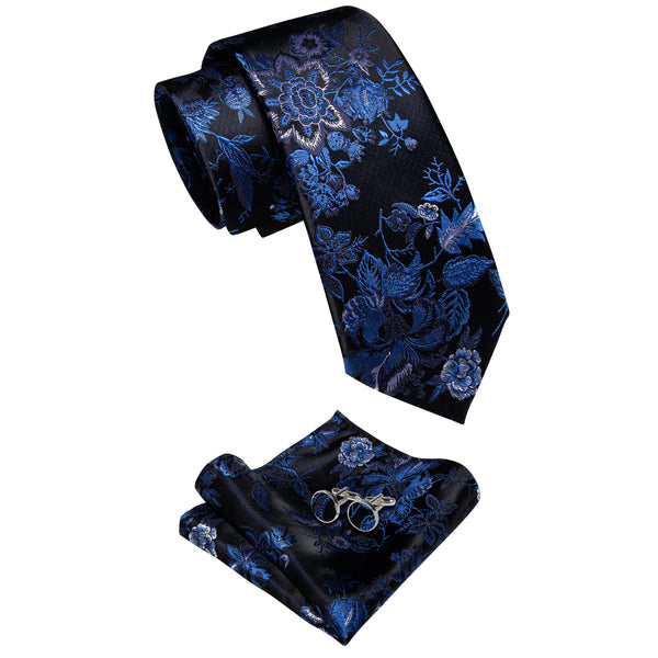Blue Black Floral Men's Necktie Pocket Square Cufflinks Set