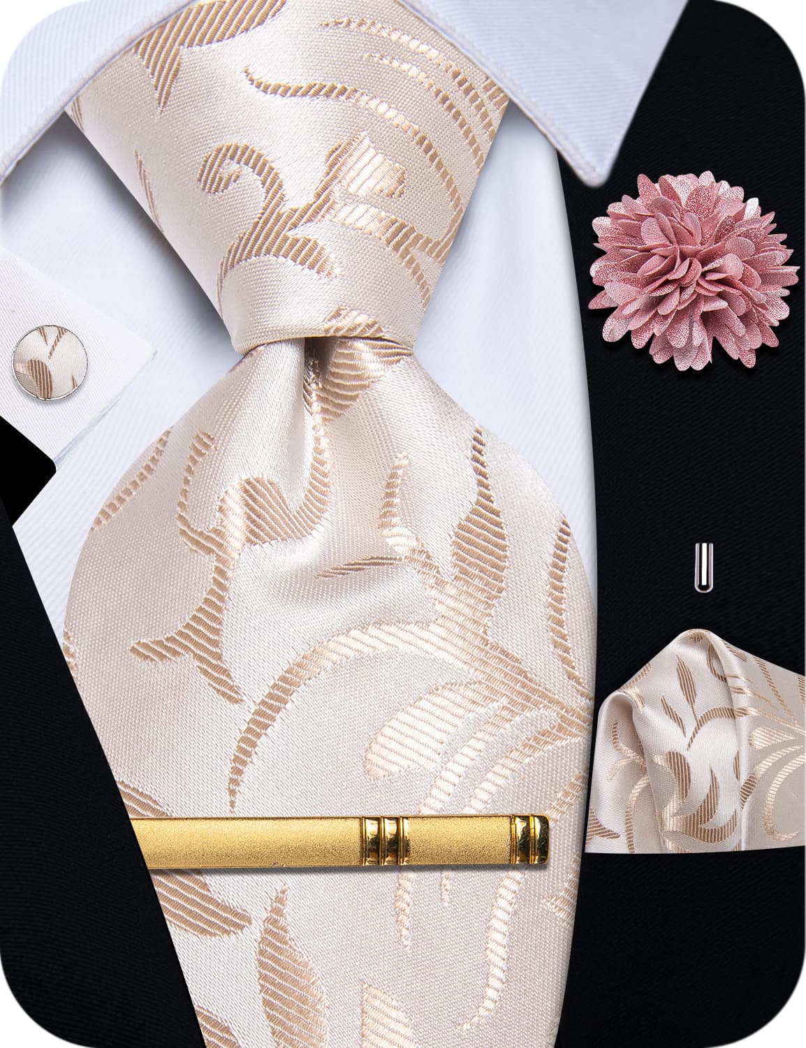  Champagne Tie Beige Floral Wedding Tie Set with Flower Brooch