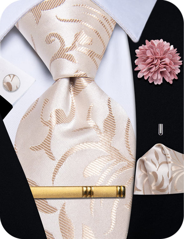  Champagne Tie Beige Floral Wedding Tie Set with Flower Brooch