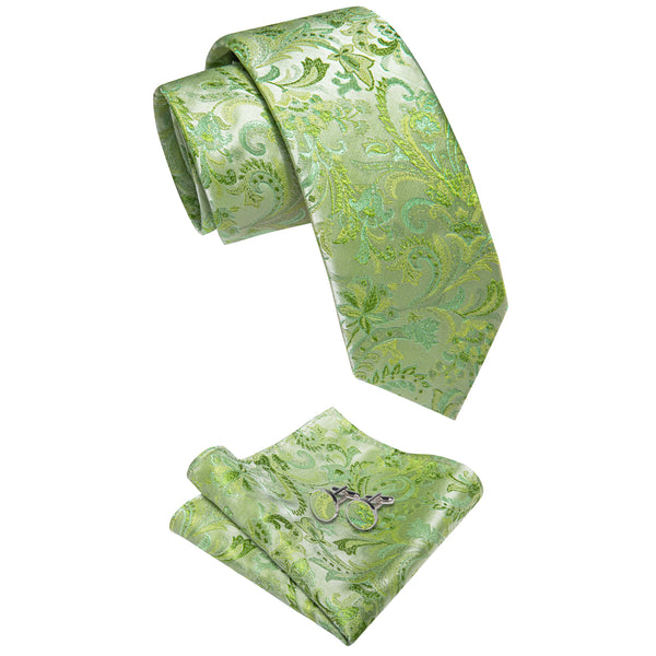 Multiple Green Floral Leaf Men's Necktie Pocket Square Cufflinks Set