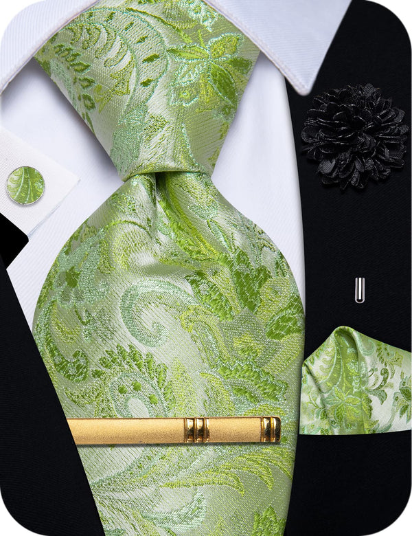 GreenYellow Tie Spring Floral Wedding Tie Set with Metal Clip