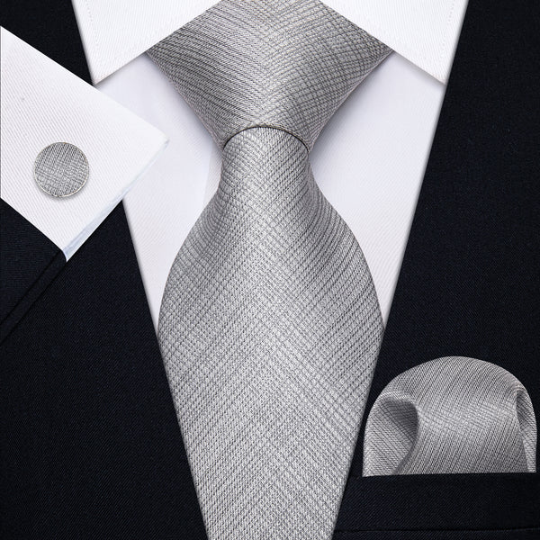 Grey Tie Plaid Men's Necktie Pocket Square Cufflinks Set