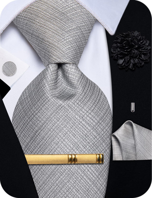 Cloud Grey Tie Dark Gray Lines Wedding Plaid Necktie Set