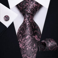 Pink Black Floral Men's Necktie Pocket Square Cufflinks Set