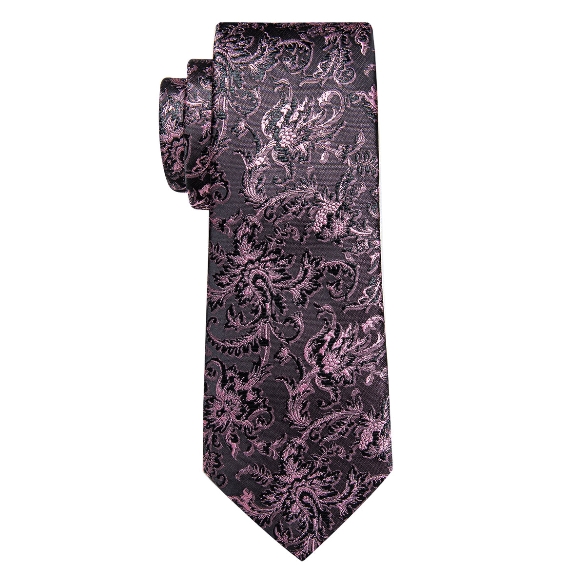 Pink Black Floral Men's Necktie Pocket Square Cufflinks Set