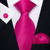Rose Red Solid Men's Necktie Pocket Square Cufflinks Set