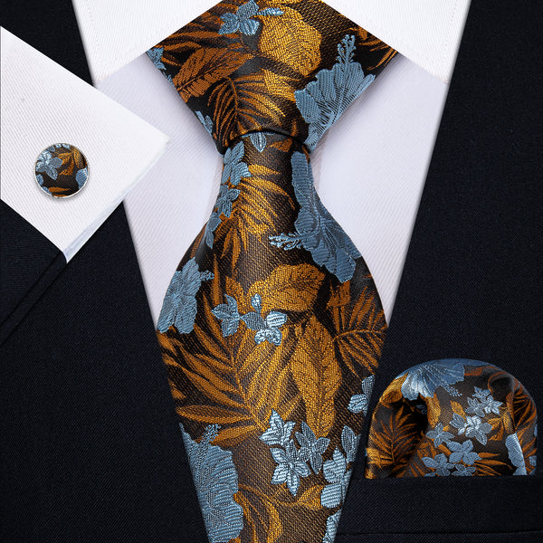 YourTies Blue Golden Floral Men's Necktie Pocket Square Cufflinks Set