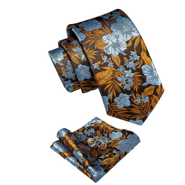 YourTies Blue Golden Floral Men's Necktie Pocket Square Cufflinks Set