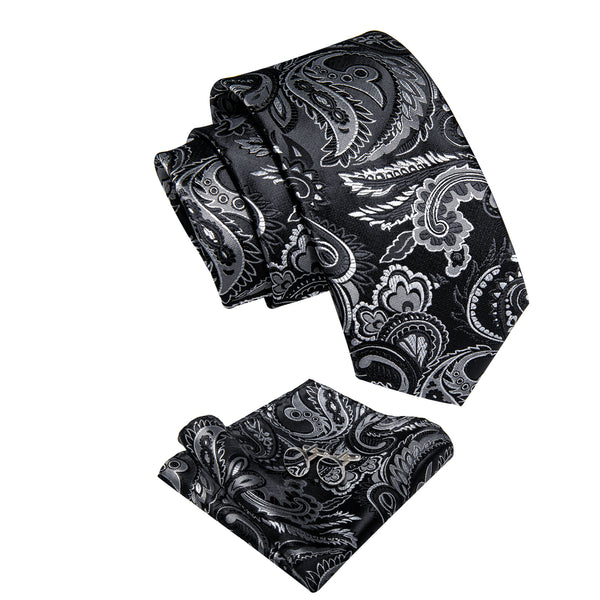 Black Silver Paisley Men's Necktie Pocket Square Cufflinks Set