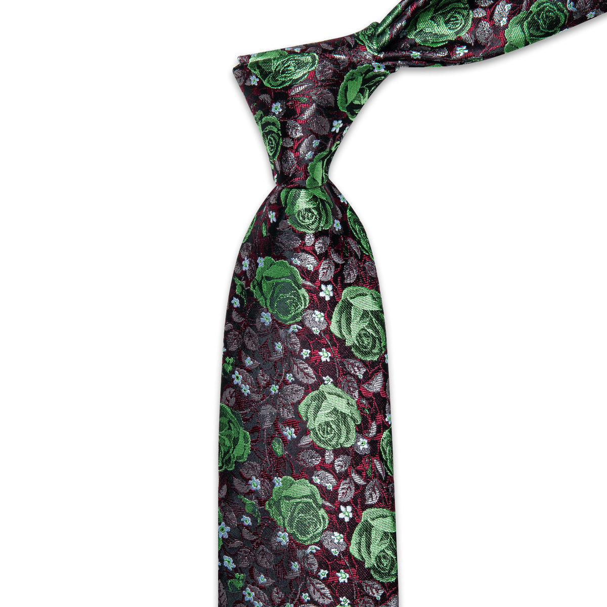 Green Red Black Floral Men's Necktie Pocket Square Cufflinks Set