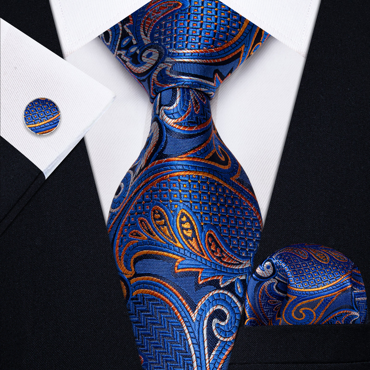 Blue Golden Silver Paisley Men's Necktie Pocket Square Cufflinks Set