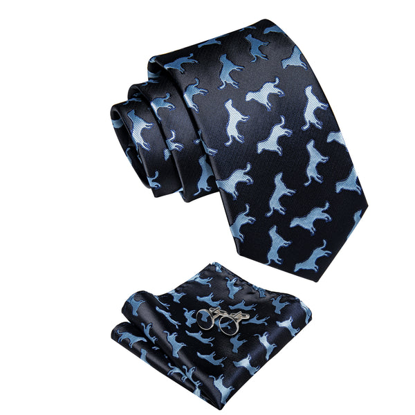 YourTies Black Blue Puppy Pattern Men's Tie Handkerchief Cufflinks Set