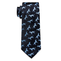 Black Blue Novelty Animals Men's Necktie Pocket Square Cufflinks Set