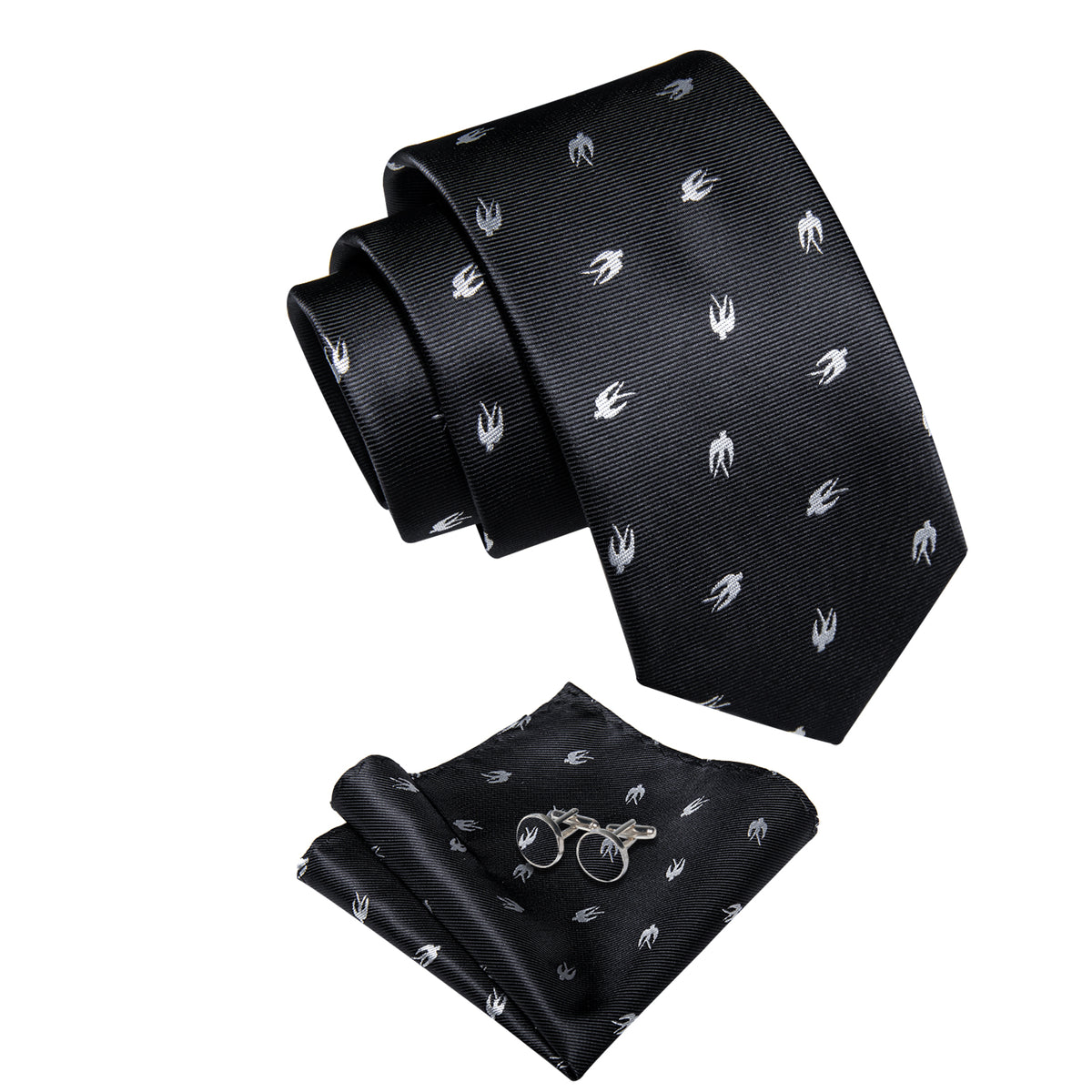 Black Silver Novelty Swallow Men's Necktie Pocket Square Cufflinks Set