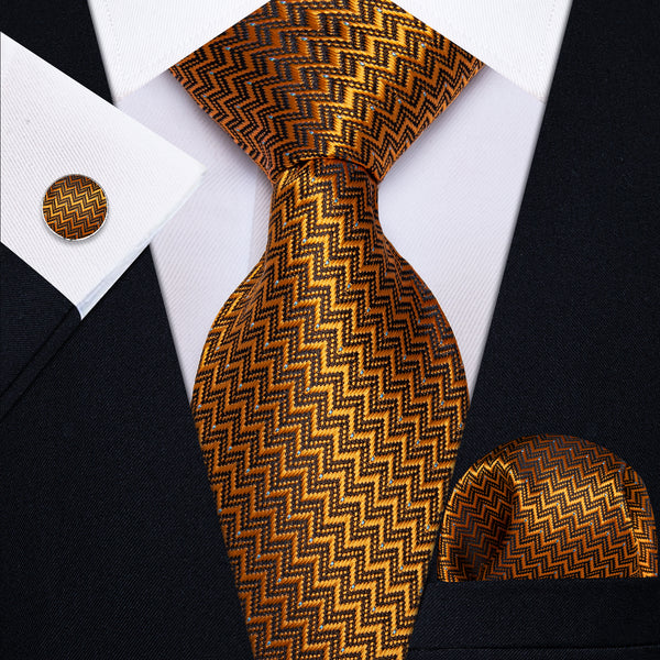 Gold Black Novelty Woven Men's Necktie Pocket Square Cufflinks Set