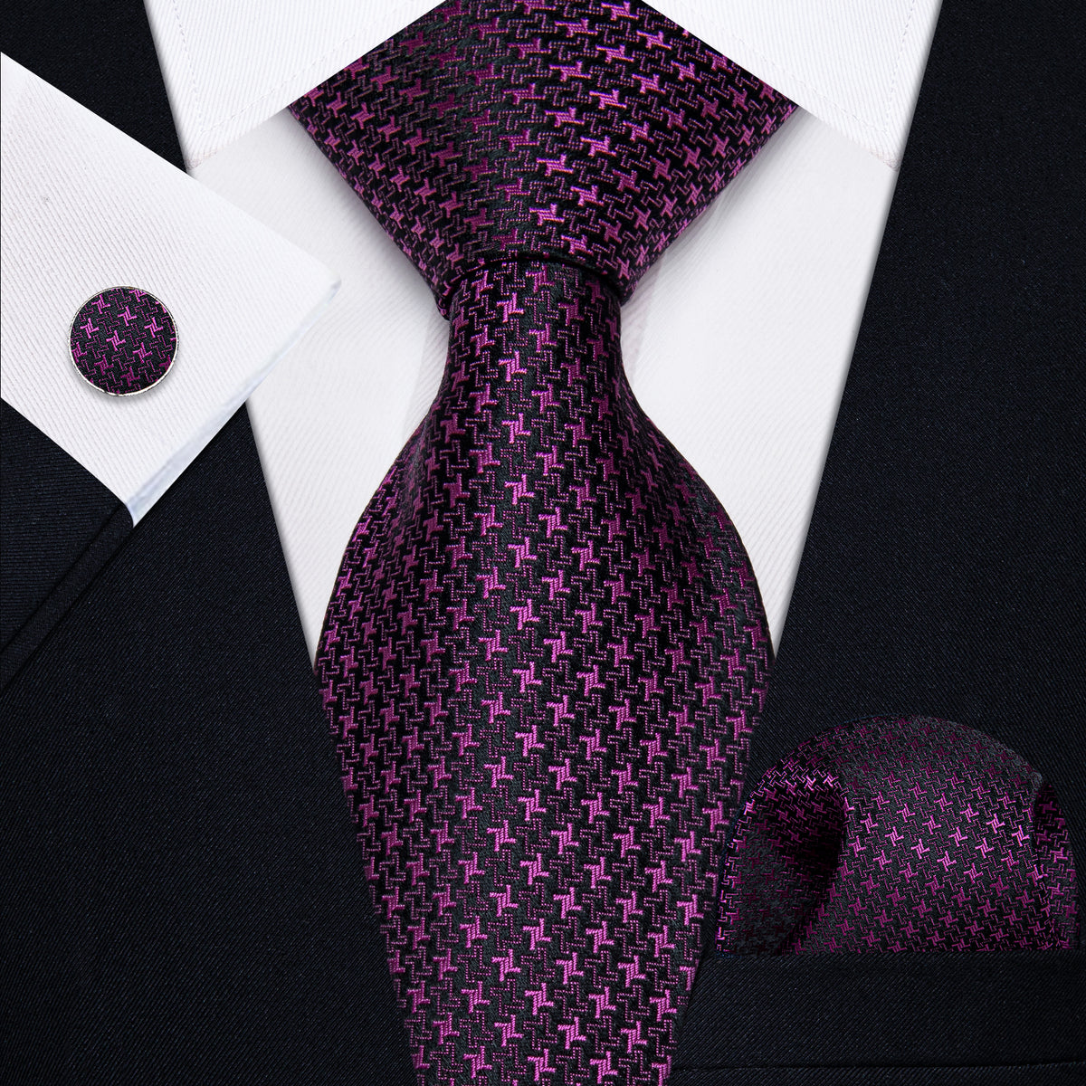 Purple Pink Novelty Woven Men's Necktie Pocket Square Cufflinks Set