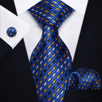 Blue Yellow White Novelty Woven Men's Necktie Pocket Square Cufflinks Set