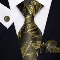 Gold Brown Novelty Woven Men's Necktie Pocket Square Cufflinks Set
