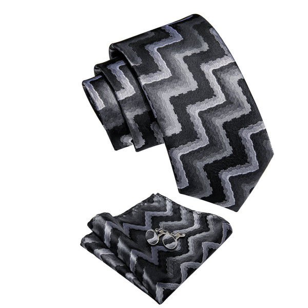 Black Grey White Novelty Men's Necktie Pocket Square Cufflinks Set