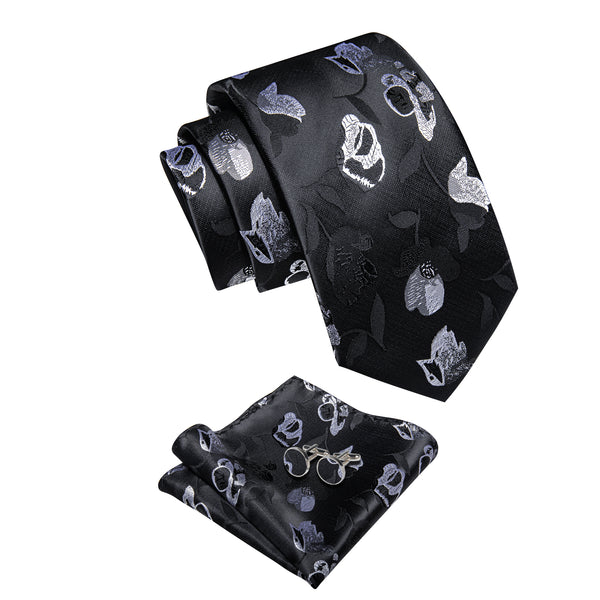Black White Floral Men's Necktie Pocket Square Cufflinks Set