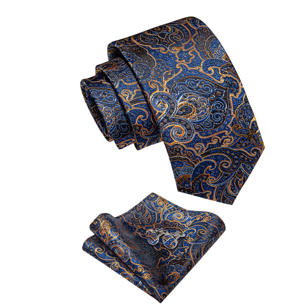 Blue Gold Paisley Men's Necktie Pocket Square Cufflinks Set